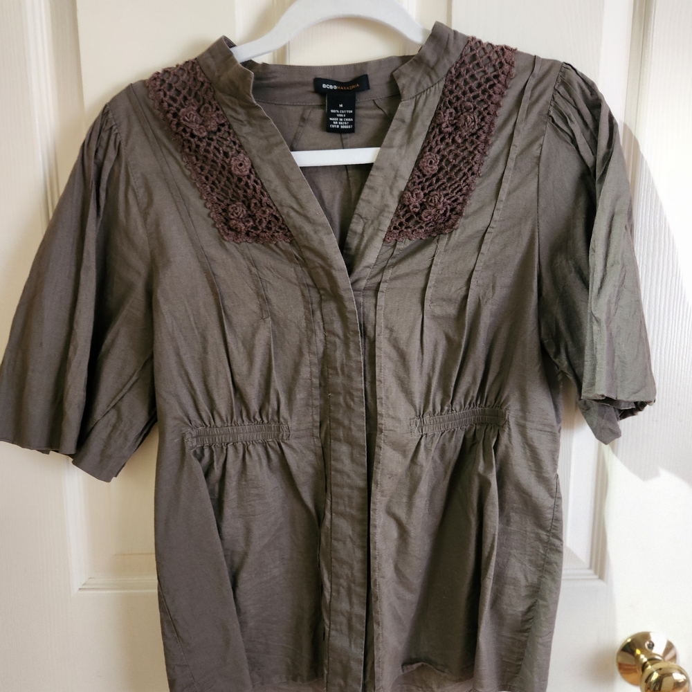 BCBG Paris Olive Blouse with Brown Accents